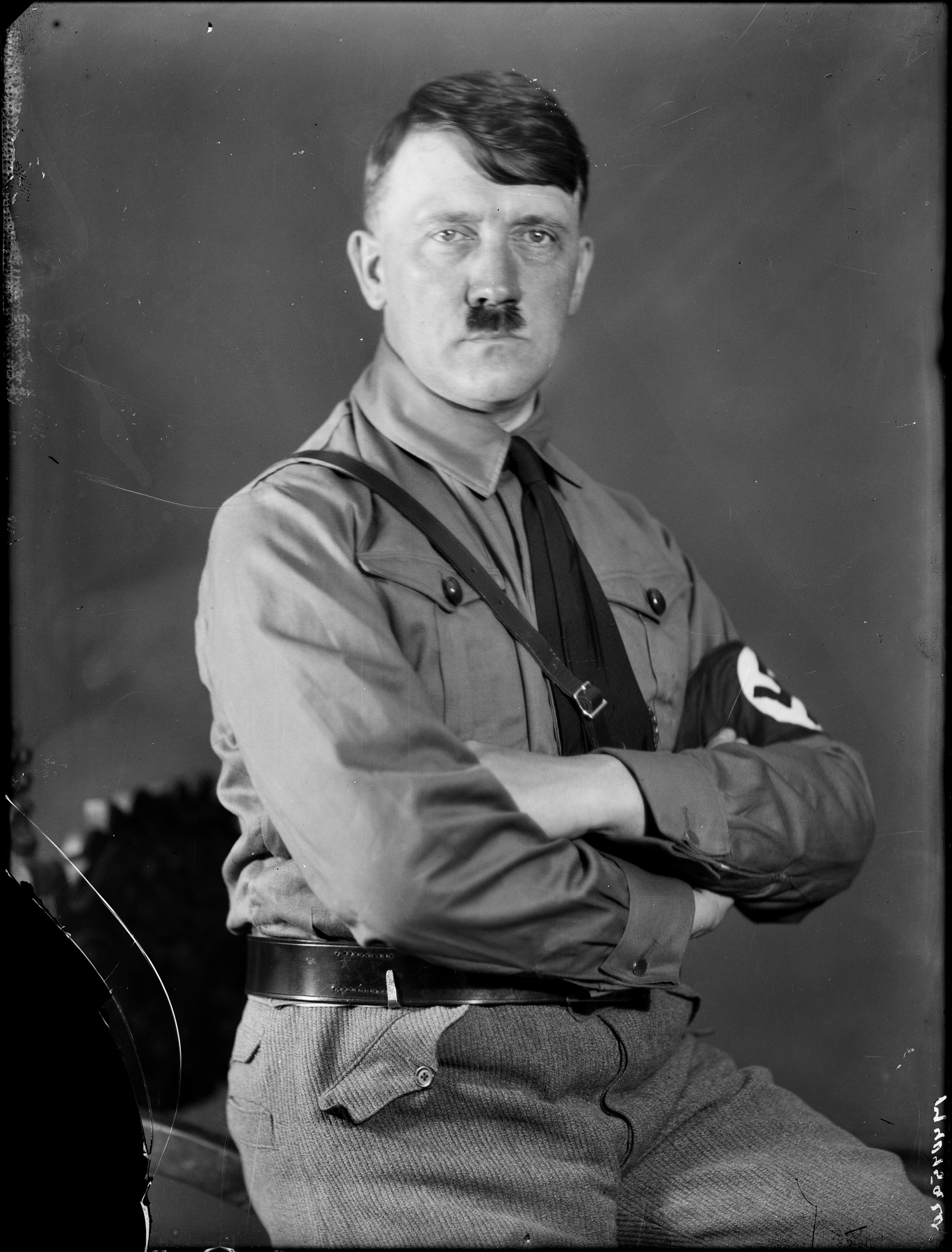 Portrait from a series a pictures taken in Heinrich Hoffman's studio in Munich, showing Adolf Hitler in SA uniform (approximate date)
